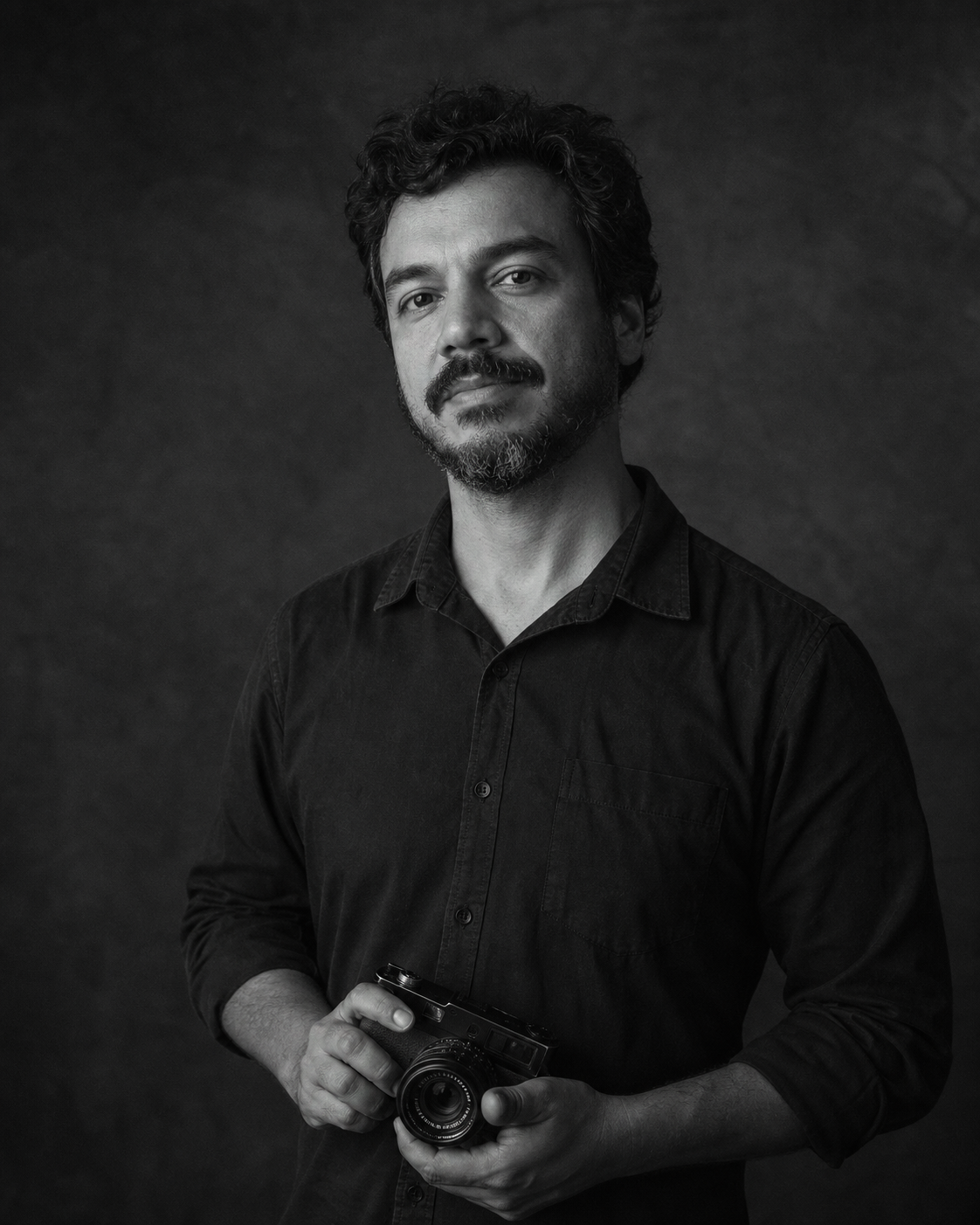 Retrato em preto e branco do fotógrafo do estúdio segurando uma câmera