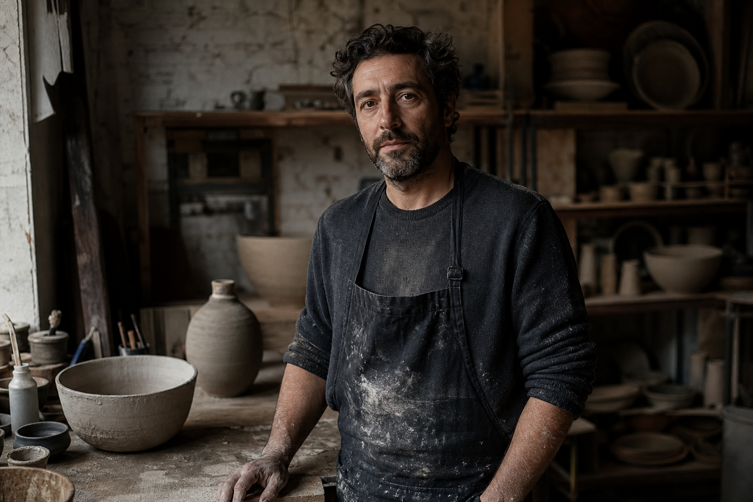 Retrato de artesão em seu ateliê de cerâmica