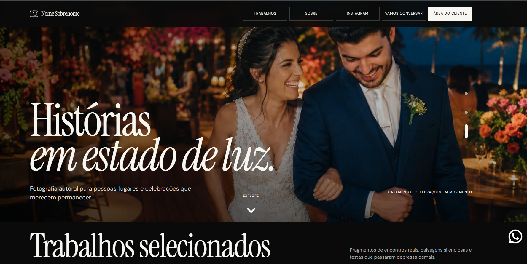 Tela do projeto Web para Fotografo(a)